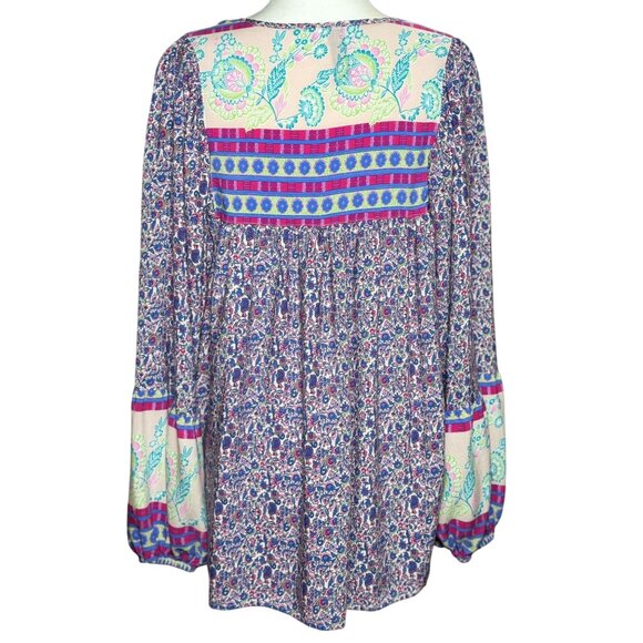 NEW Grace+Karma Peasant Blouse Tunic Women XL Pink Floral Boho Patchwork Smocked - Picture 3 of 11